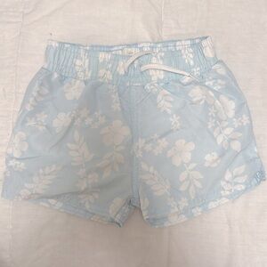 Blue and White Tropical Print Swim Trunks
